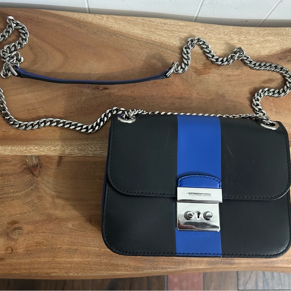 Michael Kors Black w/ Blue Women's genuine leather Bag with silver chain strap.